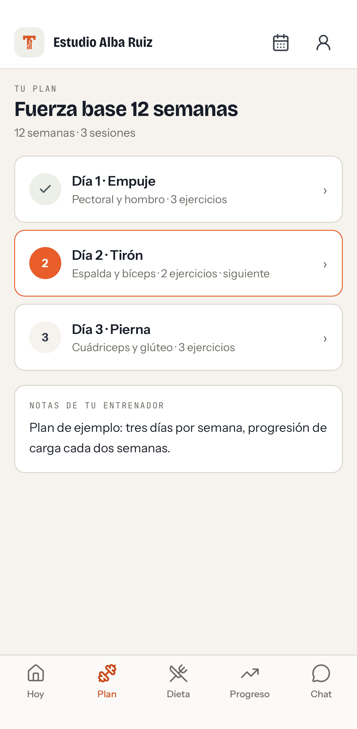 Plan: días, bloques y vídeos de cada ejercicio
